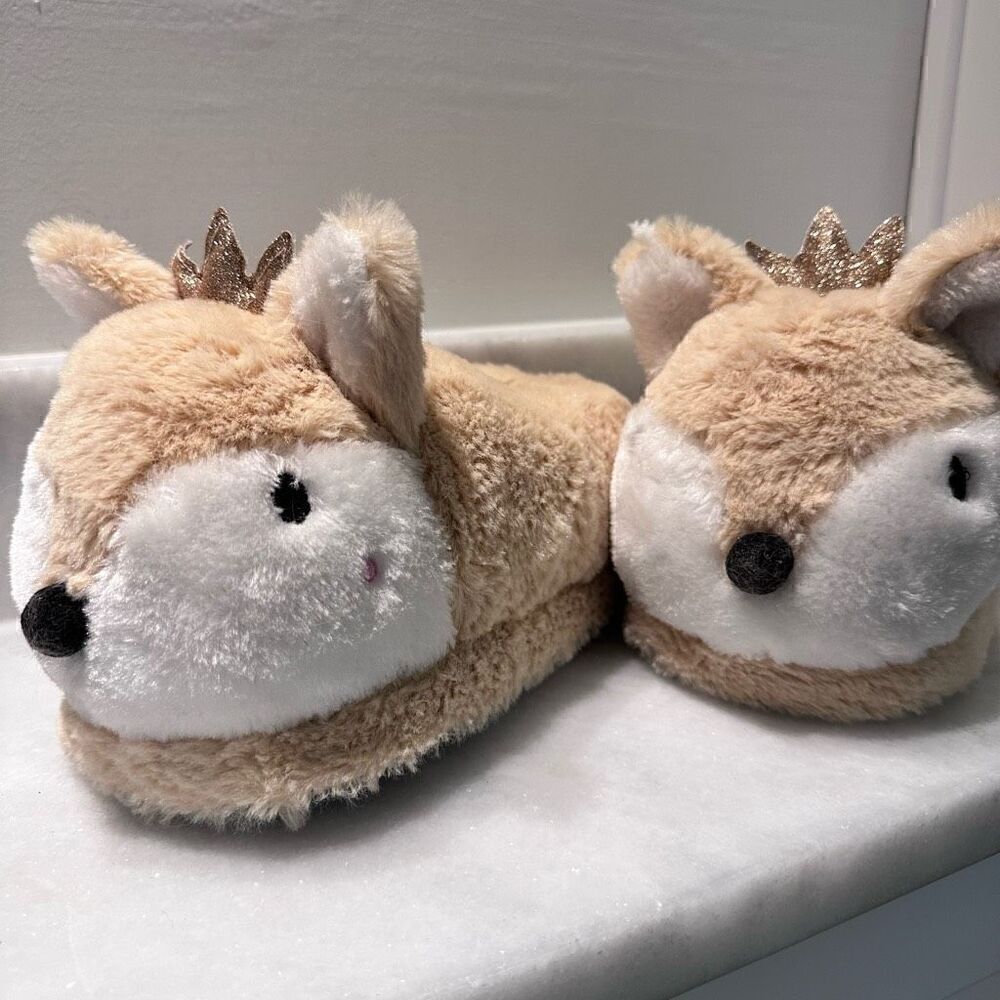 Justice Girls Large Royal Reindeer Crown Plush Indoor Slippers